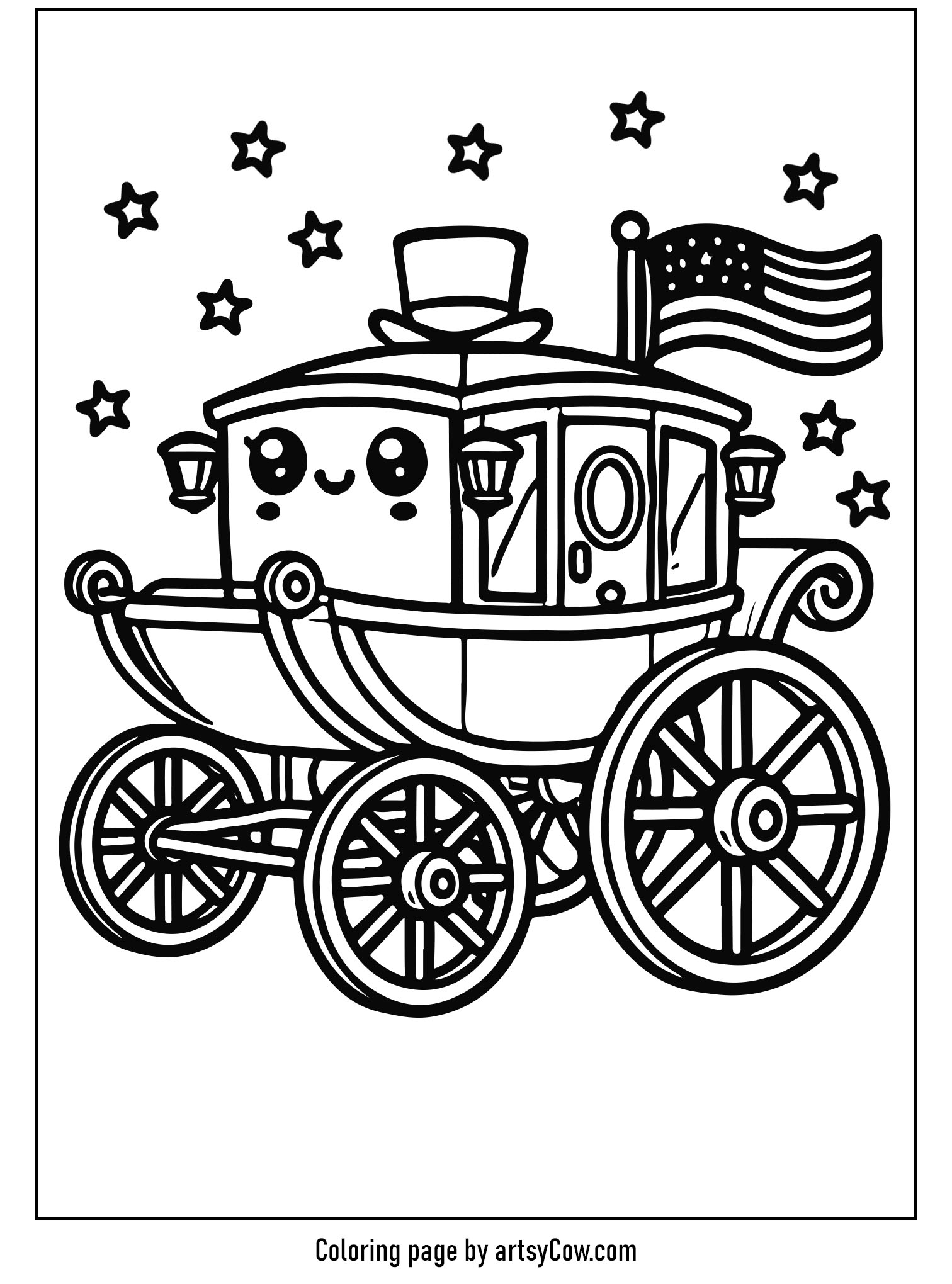 Presidents Day Coloring Pages featuring a smiling carriage adorned with a top hat, surrounded by stars, with an American flag waving from the back.